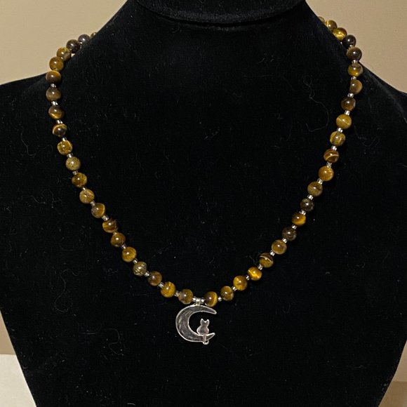 Tigers Eye Silver Cat on the Moon Necklace, Genuine Gemstone Beaded Necklace - Picture 2 of 10